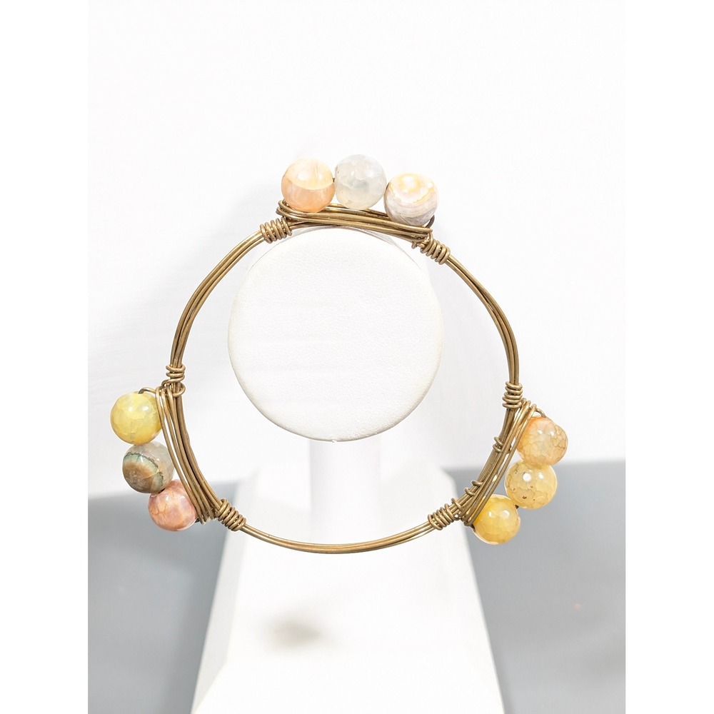 Wire Wrapped Stone Bead Bangle Bracelet Brass Tone Stackable Boho 8 Inch‎